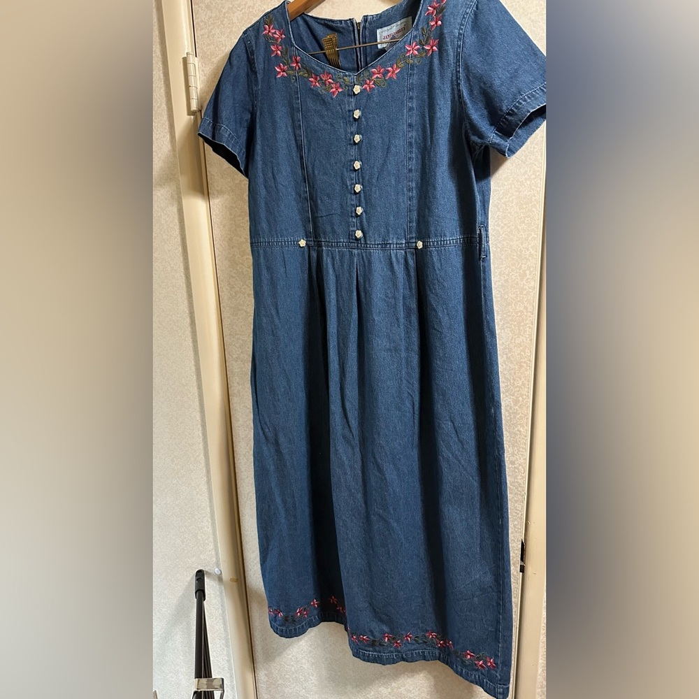 VINTAGE Jane Ashley Denim Dress with Pink Floral Embroidery